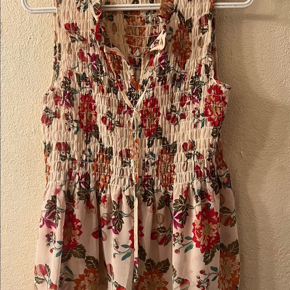 Rose +Olive synthetic blouse with smocking. Size small.